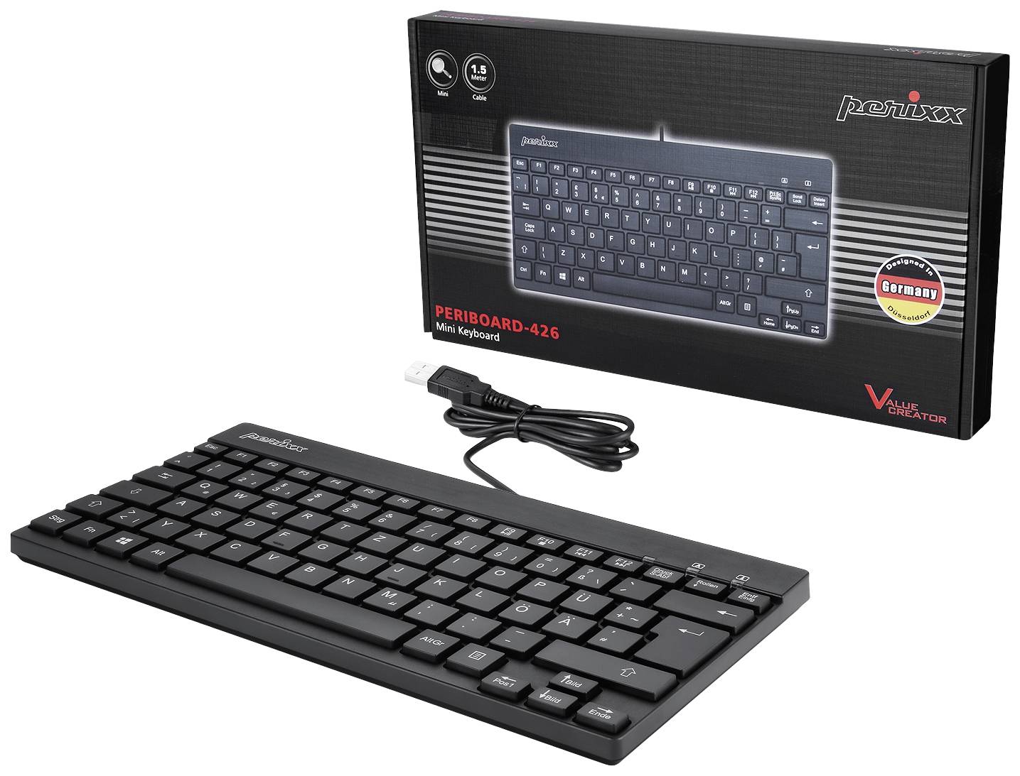 Eine schwarze, kompakte USB-Tastatur liegt vor der zugehörigen Verpackung. Die Verpackung zeigt das Tastaturmodell 'PERIBOARD-426'.