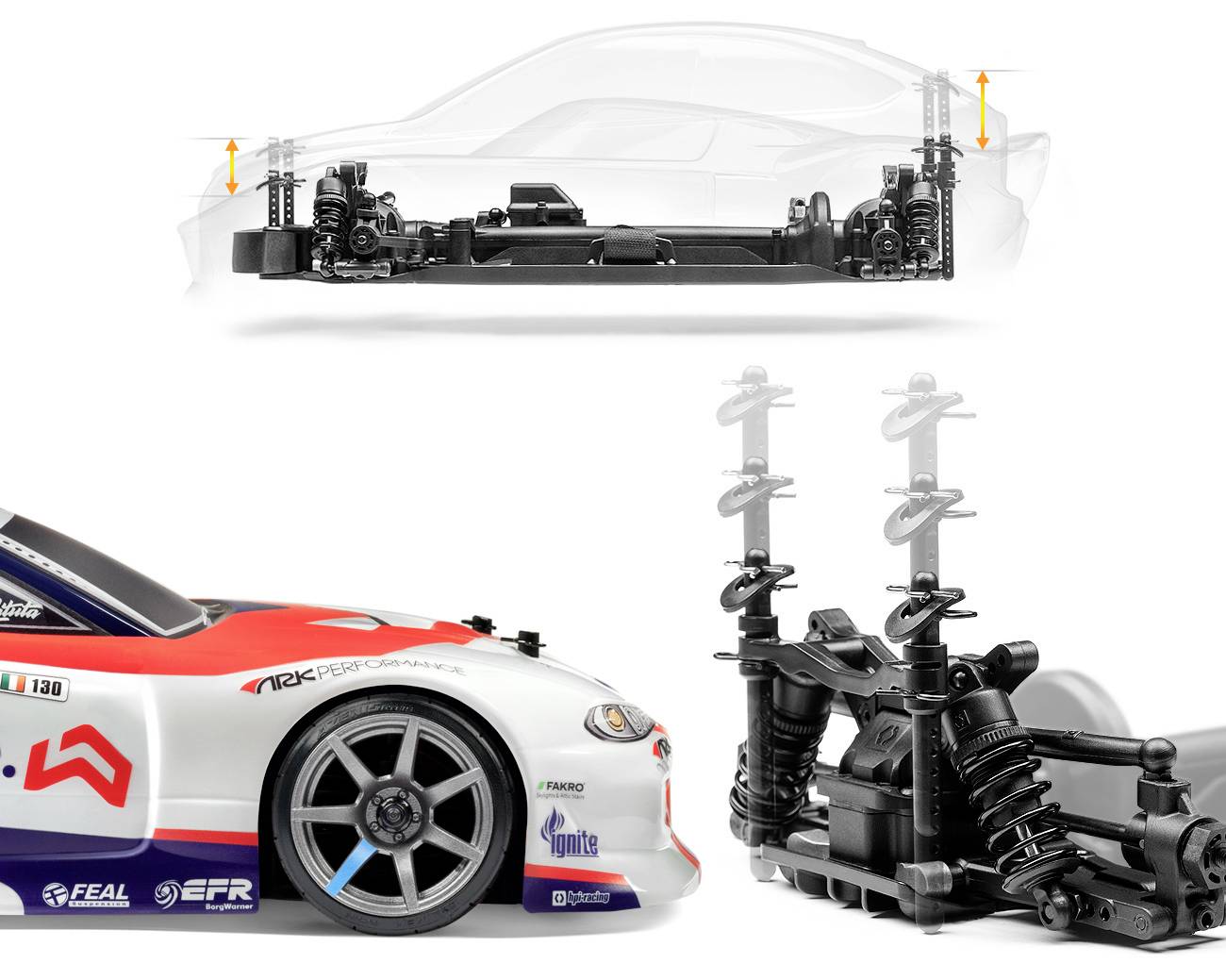 Nahaufnahme eines Modellautos mit detaillierter Ansicht der Aufhängung und Seitenansicht des Chassis. Teile und Federung hervorgehoben.