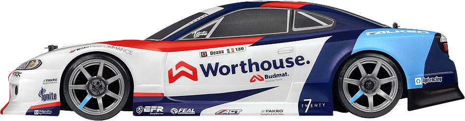 Rennauto mit Sponsor-Logos und buntem Design in Rot, Blau und Weiß. Das Wort 'Worthouse' prominent auf der Seite sichtbar.