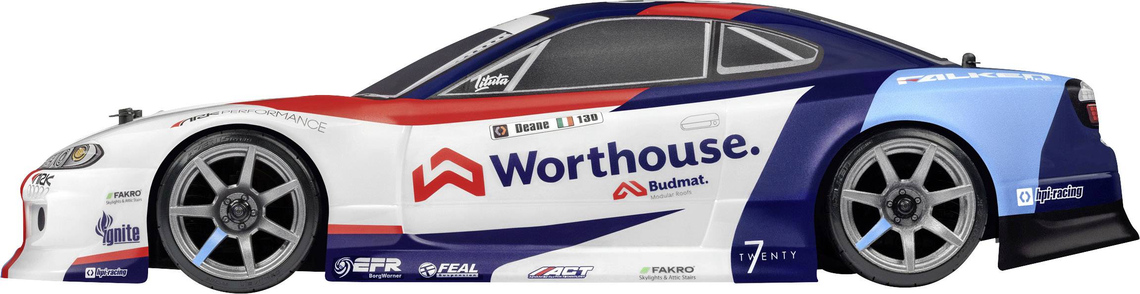 Rennwagen in blau-rot-weiß mit 'Worthouse'-Logo, stilvolles Design, Seitenansicht.