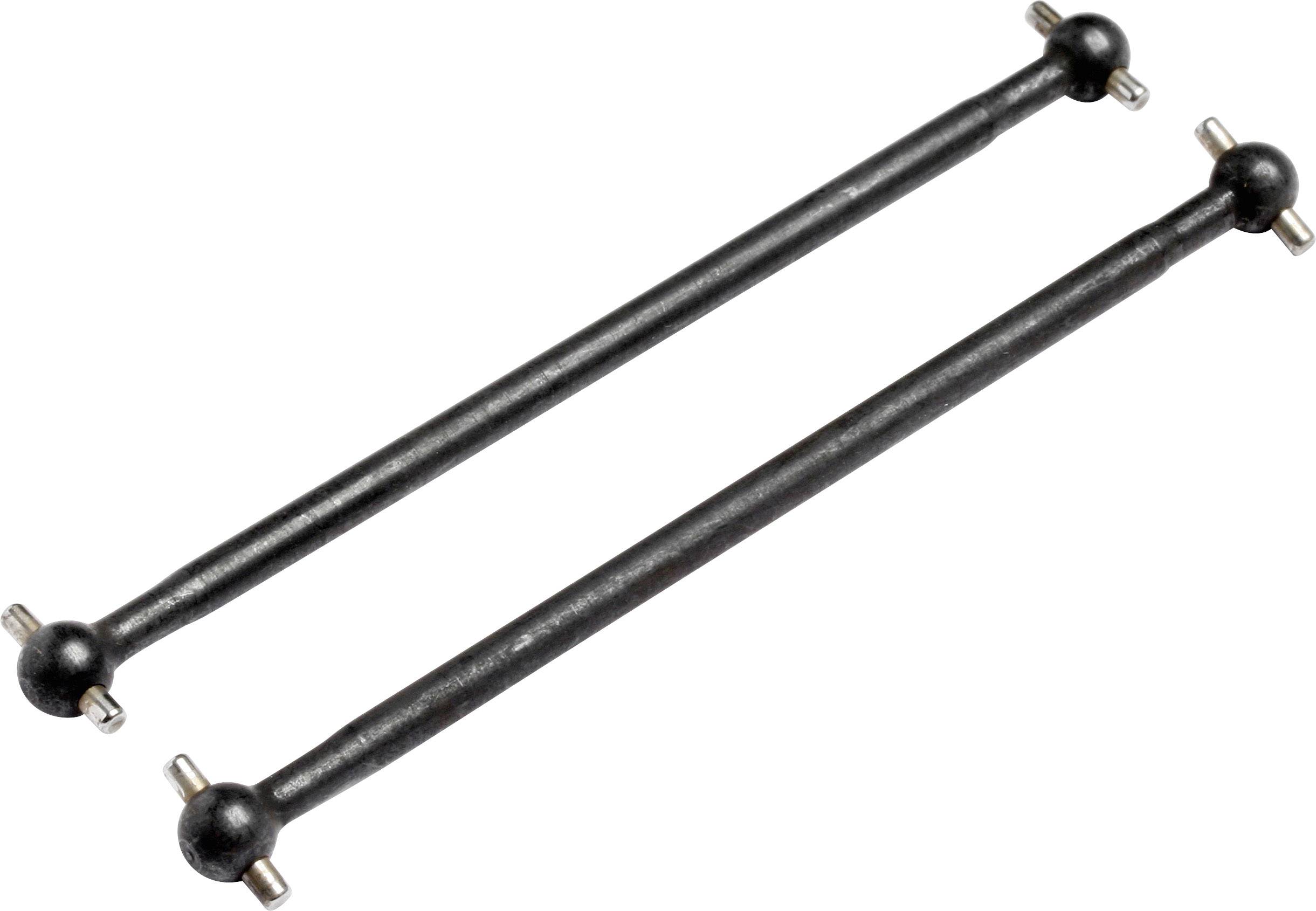 Zwei schwarze, metallene Achsen mit kugelförmigen Enden und kleinen Verbindungszapfen, parallel nebeneinander liegend.