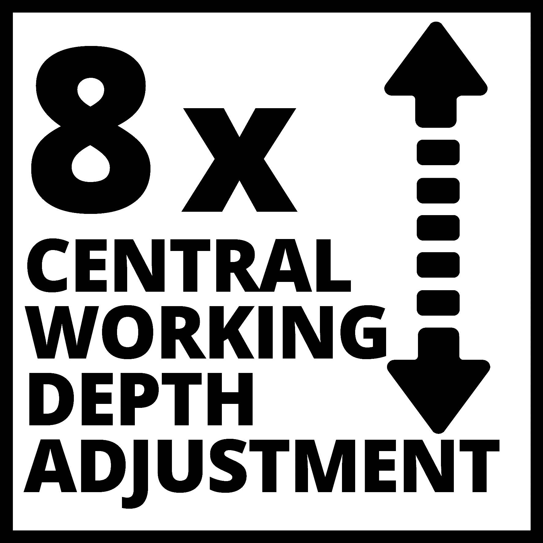'8x Central Working Depth Adjustment' mit einem Pfeil, der nach oben und unten zeigt, auf weißem Hintergrund.