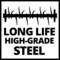 Abbildung eines Sägeblatts mit Text: 'LONG LIFE HIGH-GRADE STEEL', was auf hohe Haltbarkeit und Qualität des Stahls hinweist.