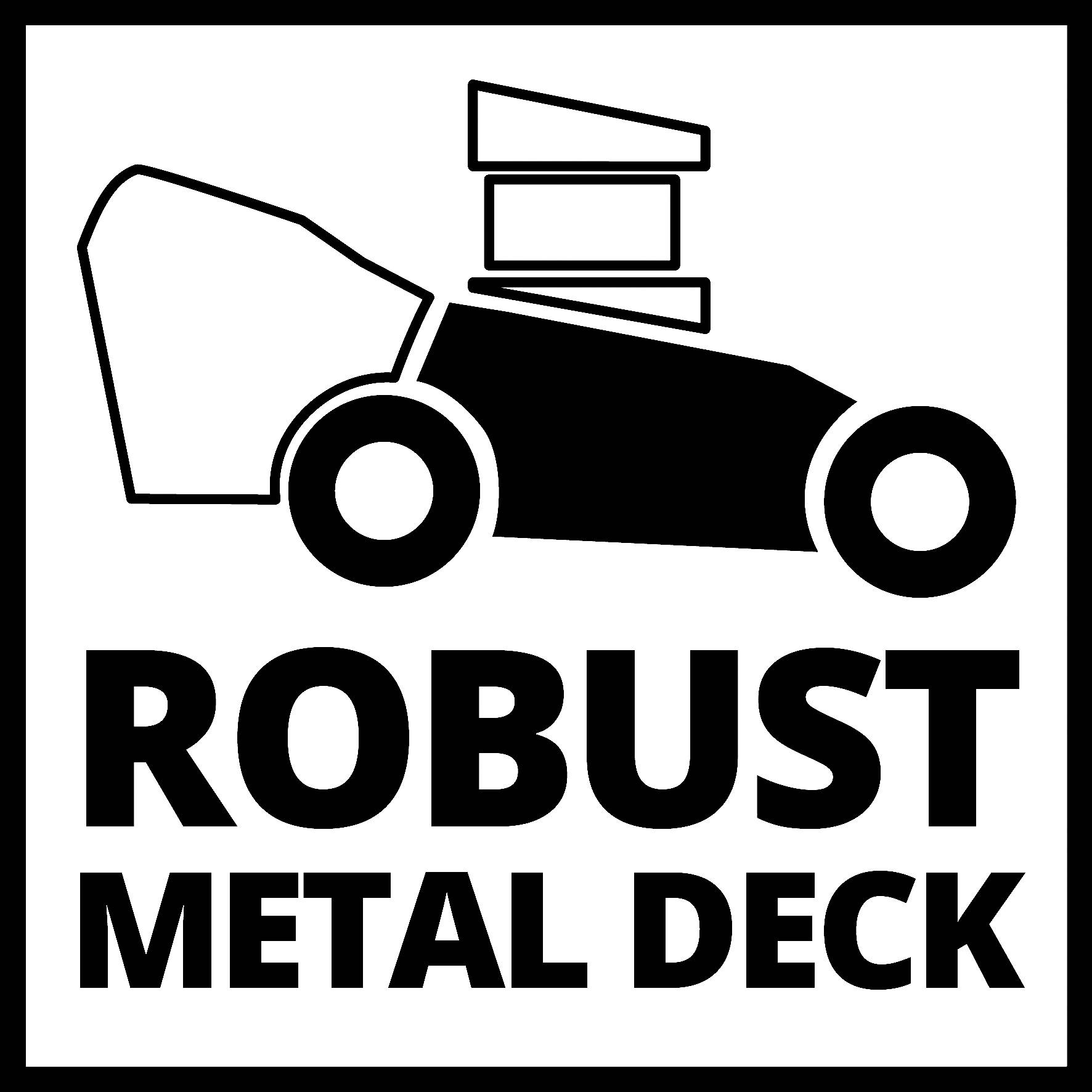 'Robust Metal Deck'-Symbol mit stilisiertem Rasenmäher, der durch eine dicke Metallplatte dargestellt wird.