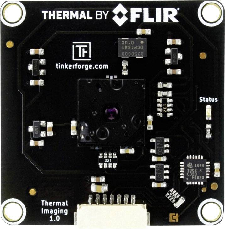 Ein Platinenmodul mit Kamera und elektronischen Bauteilen, markiert mit 'Thermal by FLIR' und 'tinkerforge.com', Version 1.0.