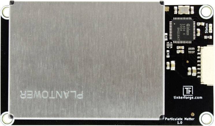 Platine eines Partikelmessersensors mit metallischem Gehäuse auf schwarzem Hintergrund. Markiert mit 'tf' und 'tinkerforge.com'.