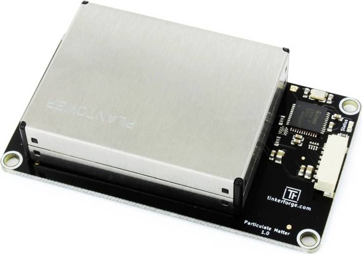 Sensor zur Messung von Feinstaub auf einer Platine. Enthält elektronische Bauteile und Anschlüsse. Geeignet für Luftqualitätsüberwachung.