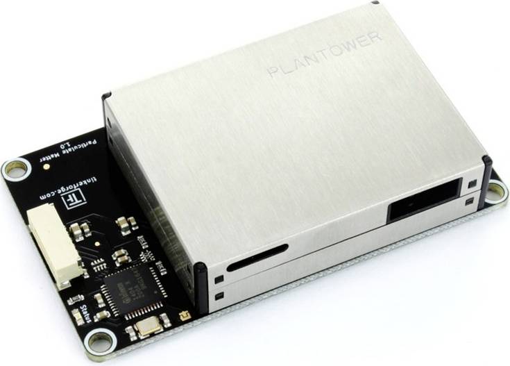 Ein digitaler Sensor mit Metallgehäuse, entwickelt zur Messung der Luftqualität. Auf dem Gehäuse steht 'PLANTOWER'.