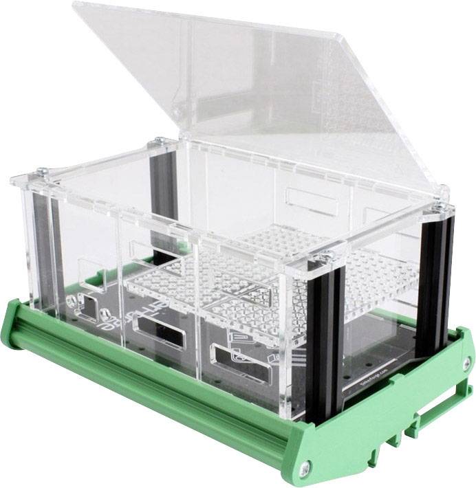 Transparente Kunststoffbox mit aufklappbarem Deckel, schwarzem Rahmen und grünem Boden, geeignet zur Lagerung oder Präsentation.