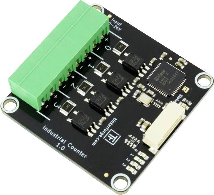 'Schwarze Leiterplatte mit grünem Anschlussblock und mehrere IC-Chips. Aufschrift: Industrial Counter 1.0, Input 12-24V.'