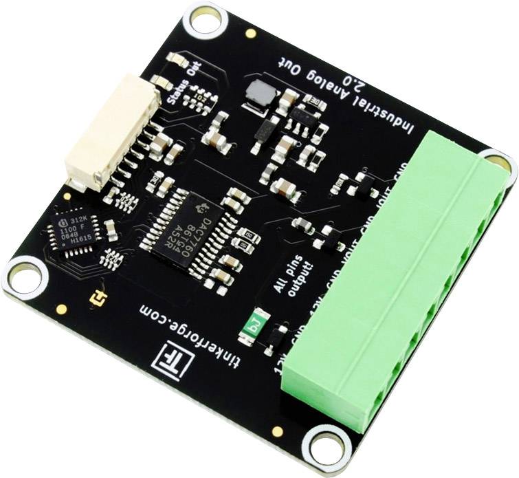 Kleine elektronische Leiterplatte mit mehreren schwarzen und silbernen Komponenten sowie einem grünen Mehrfachanschluss an der Seite.