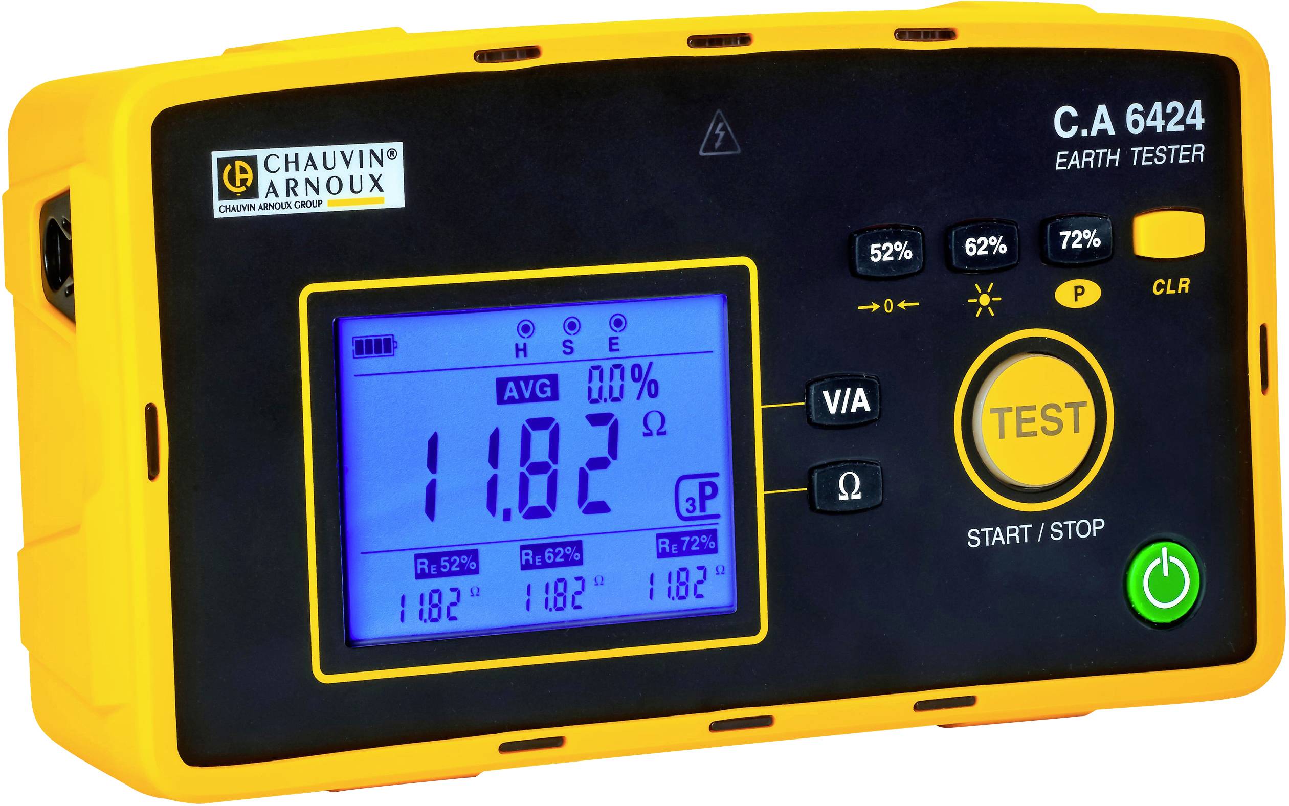 Gelbes Erdungstestgerät 'C.A 6424' mit digitalem Display zeigt 11,82 Ohm. Tasten für Start/Stop und Testen vorhanden.