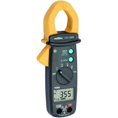 Ein digitales Zangenmultimeter mit Display zeigt '355'. Es hat eine gelbe Zange, Tasten für Moduswahl, und ist für elektrische Messungen gedacht.
