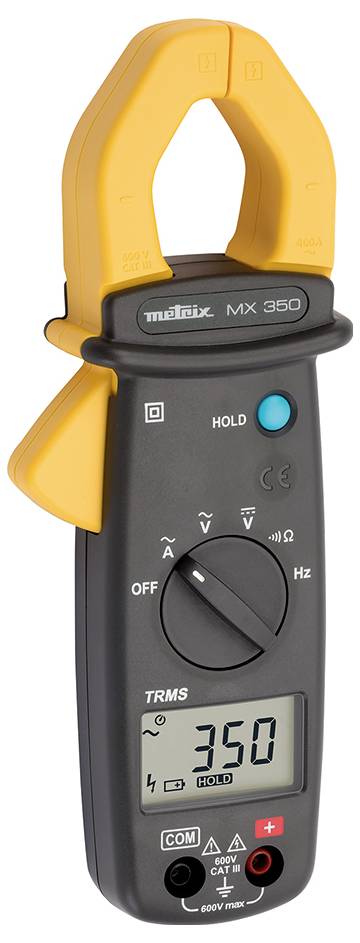 Digitales Zangenmultimeter zeigt 350 auf einem Display. Zangen zum Messen des Stroms. Einstellrad für Messmodus.