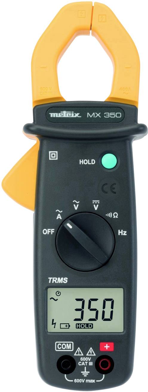 Ein Multimeter mit Klemmenanzeige, Modell 'Metrix MX 350'. Das Display zeigt einen Messwert von 350 an. Schalter für diverse Messfunktionen.