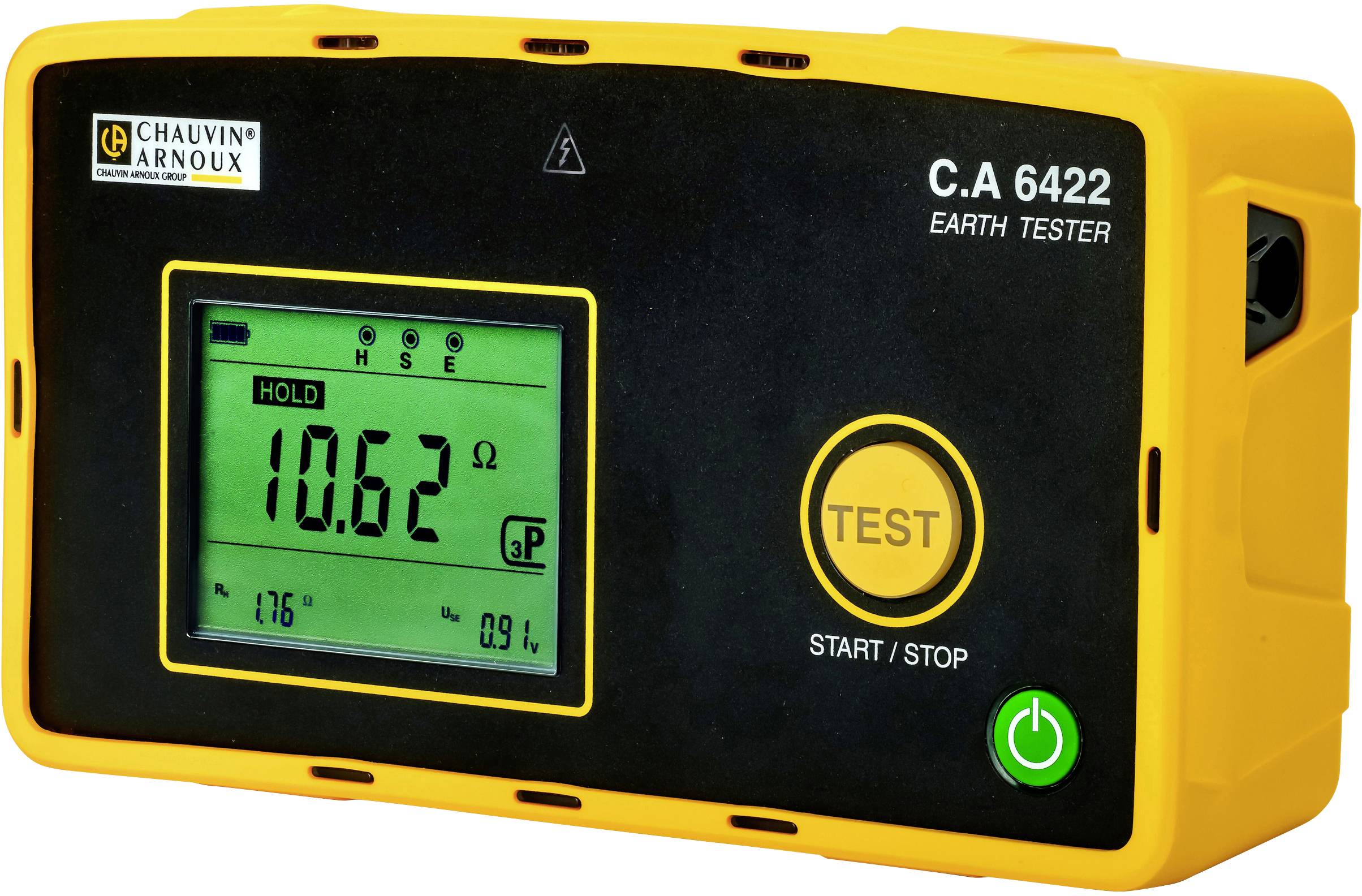 Digitaler Erdungstester mit rechteckigem gelbem Gehäuse. Anzeige zeigt '10,62 Ω', Schalter für 'TEST' und 'START/STOP'.
