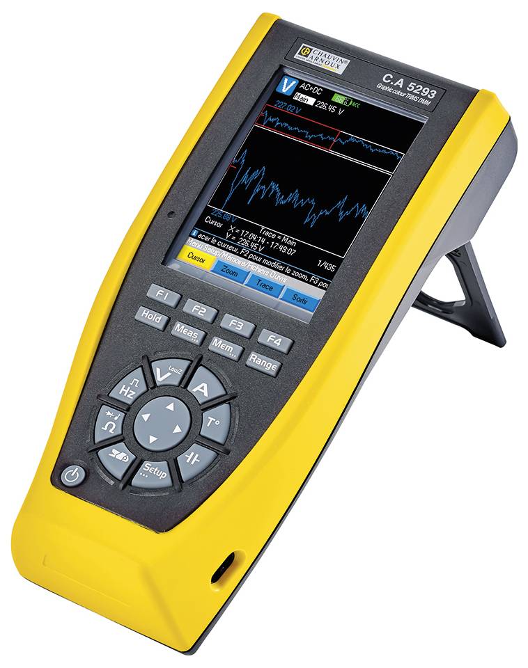 Tragbares Prüfgerät mit gelbem Gehäuse und Bildschirm zeigt Strom- und Spannungswellenformen. Steuerungstasten zur Bedienung darunter.