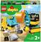 Zwei Spielfiguren mit Bauwagen und Bagger aus LEGO Duplo-Set 10931 'Truck & Tracked Excavator'. Geeignet für Kinder ab 2 Jahren.