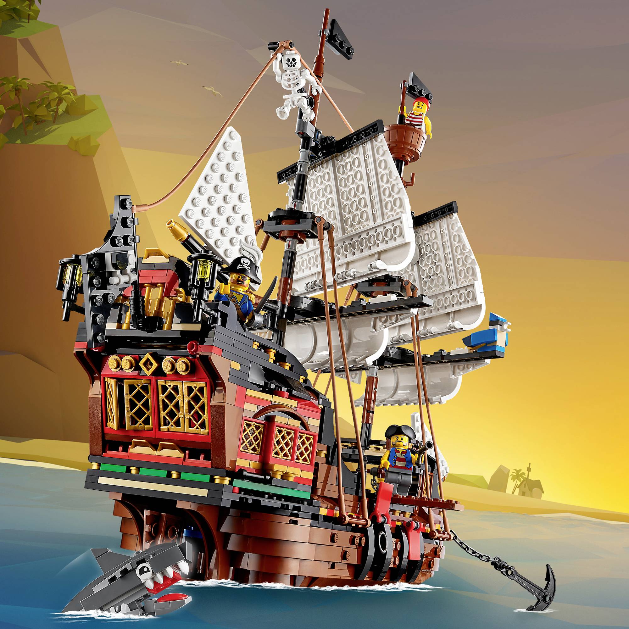 Ein detailreiches Modell eines Piratenschiffs aus Lego, mit weißen Segeln und mehreren Minifiguren an Deck, auf ruhiger See bei Sonnenuntergang.