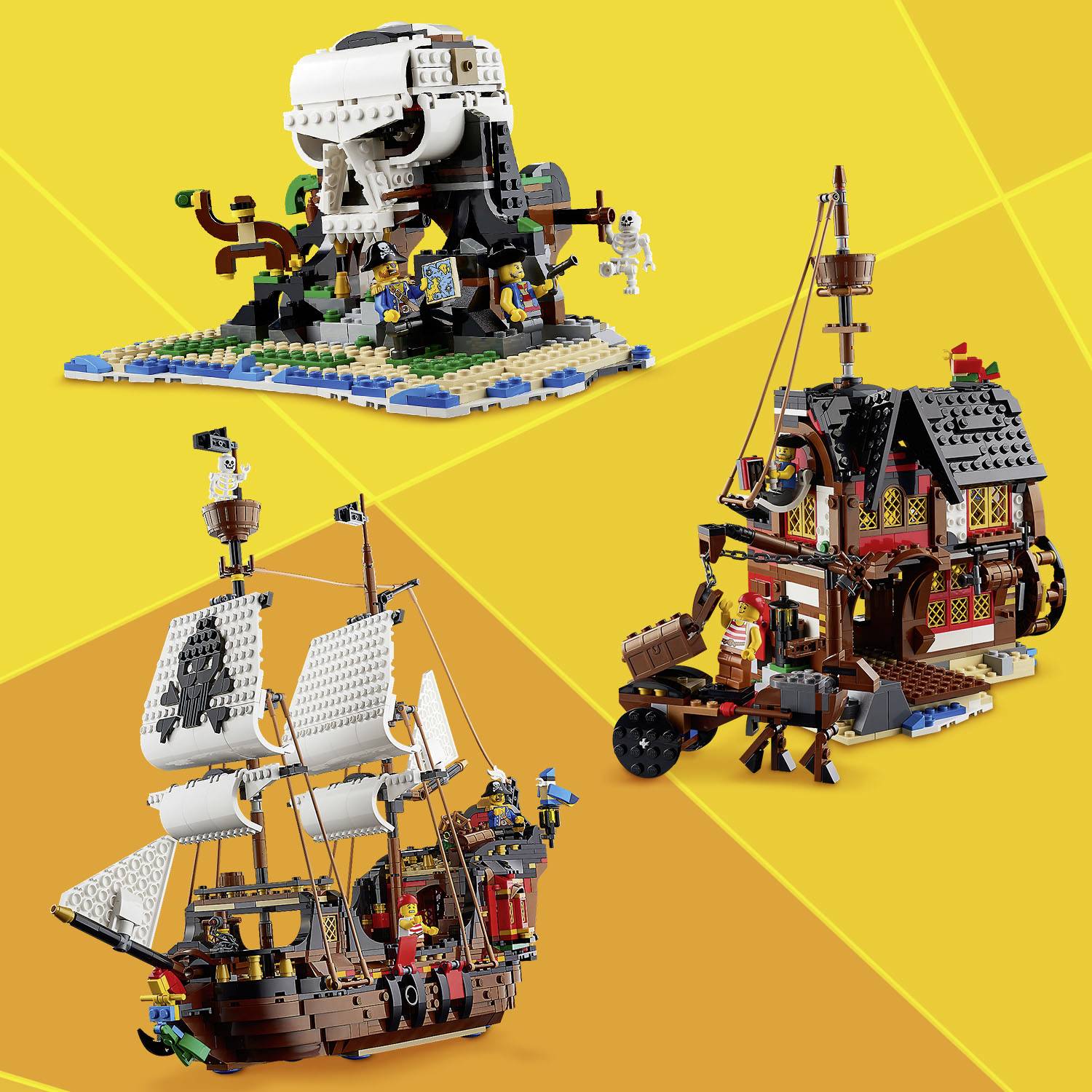 Drei LEGO-Sets: Piratenschiff, Piratenhaus und eine Insel mit Totenkopf. Sie sind auf einem gelben Hintergrund angeordnet.