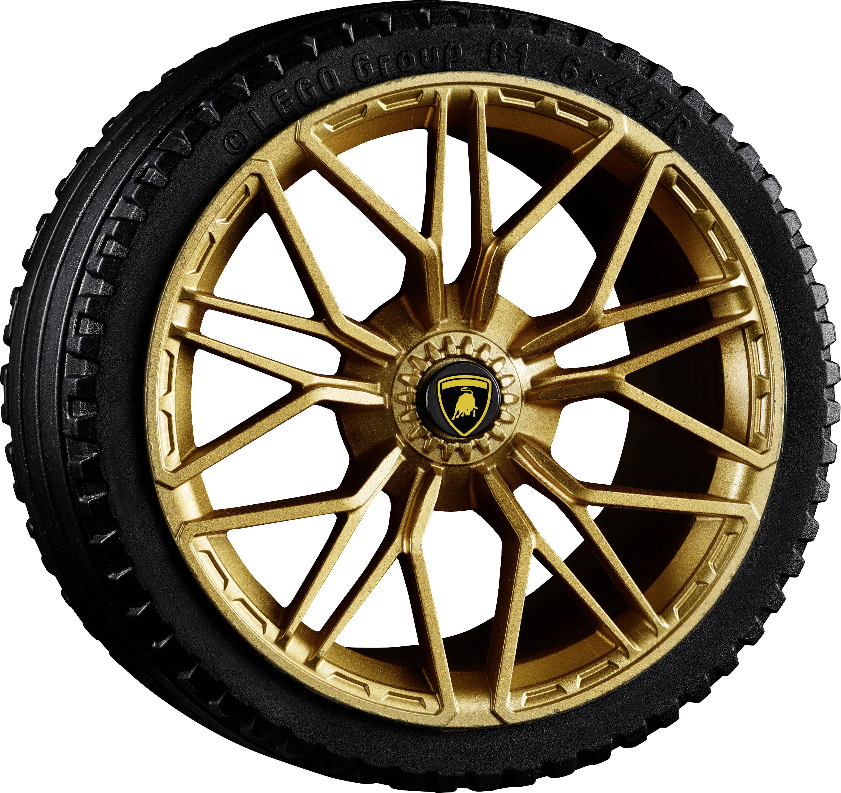 Ein goldenes LEGO-Rad mit einem schwarzen Reifen, geprägtem Text 'LEGO Group 81,6 x 44 ZR', zentrales Emblem.