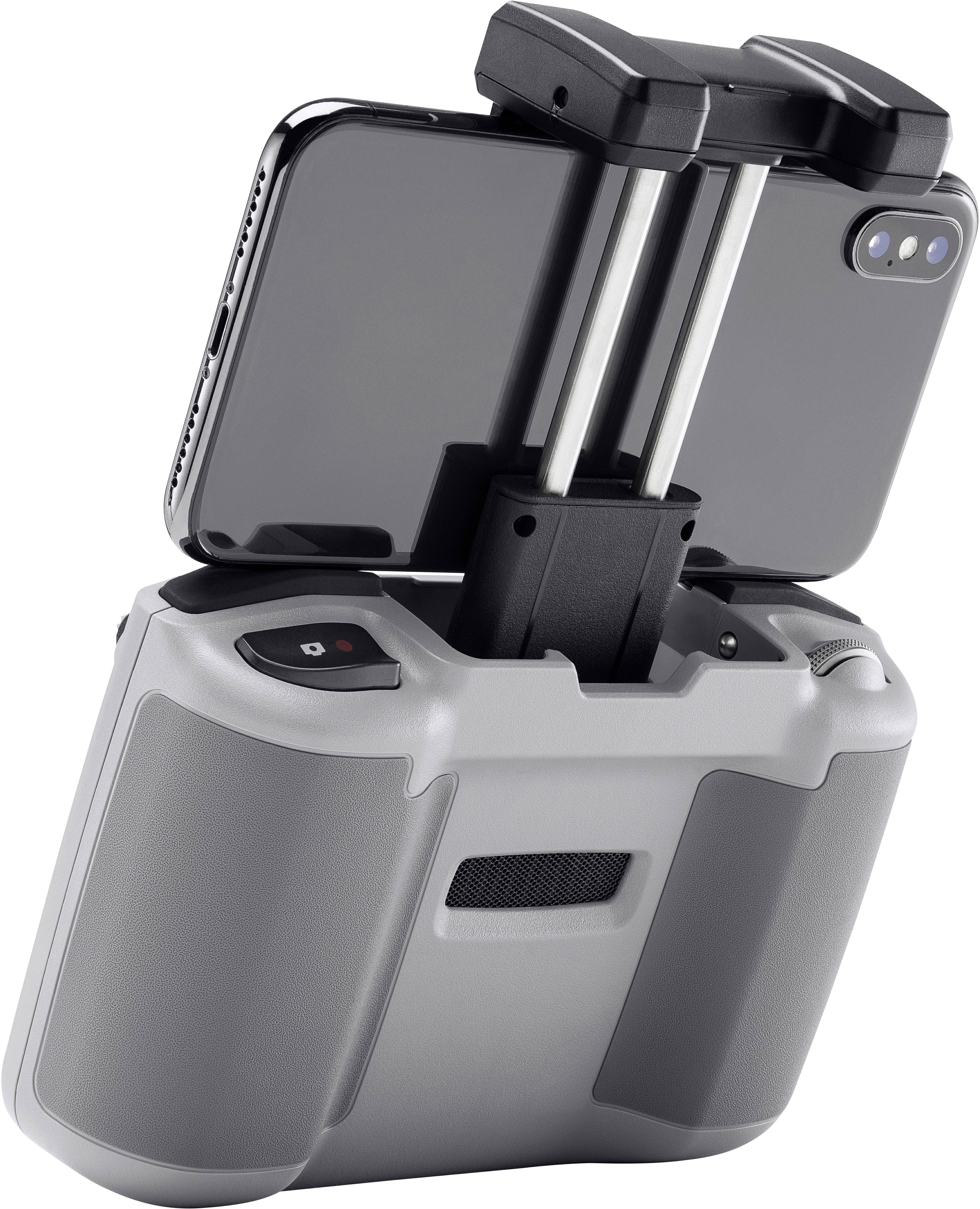 Ein Smartphone ist auf einem grauen Gamepad-Halter montiert, bereit für mobiles Gaming oder Filme schauen.