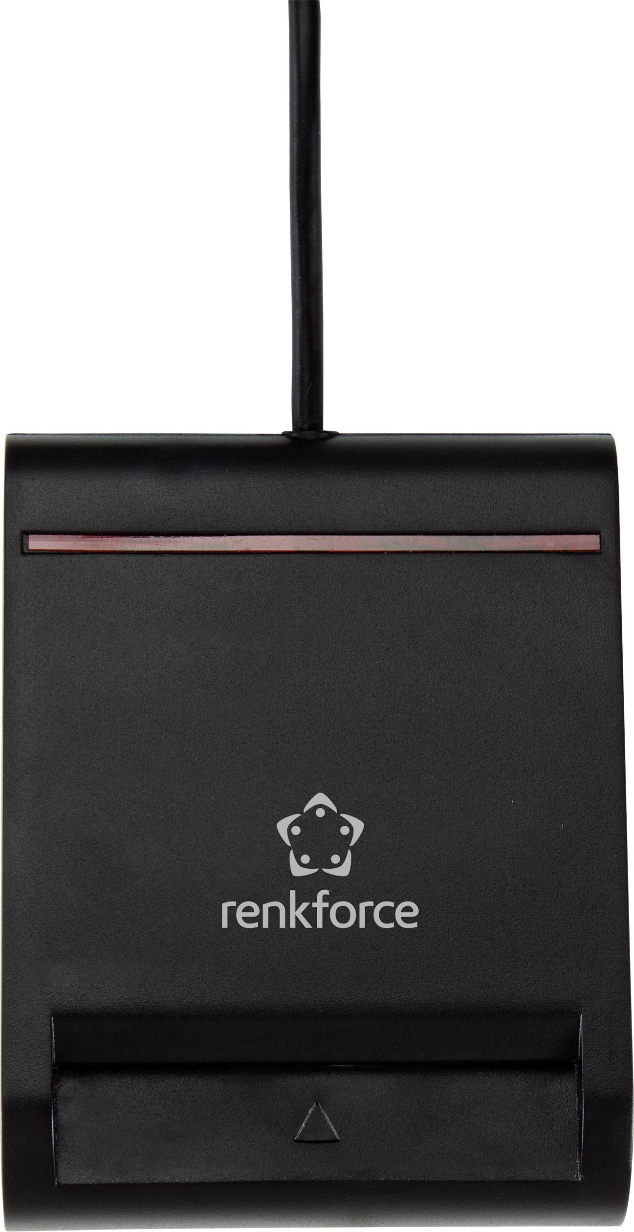 Schwarzer USB-Kartenleser mit Kabel, Marke 'renkforce', frontal abgebildet. Geeignet für das Lesen von Chipkarten verschiedener Formate.