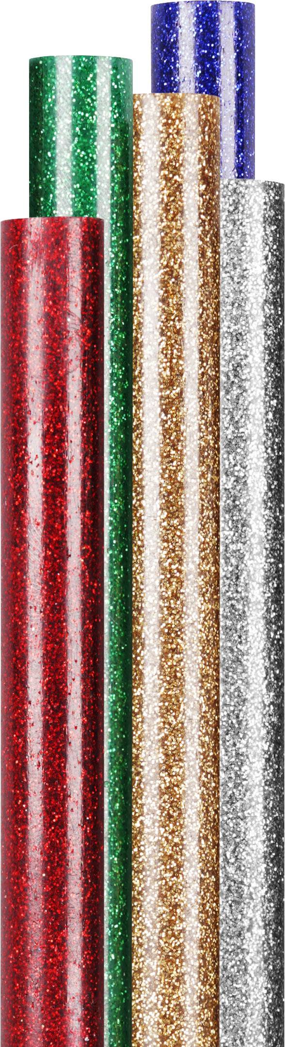 Sechs glitzernde Rollen Geschenkpapier in Rot, Grün, Kupfer, Silber und Blau, vertikal angeordnet.