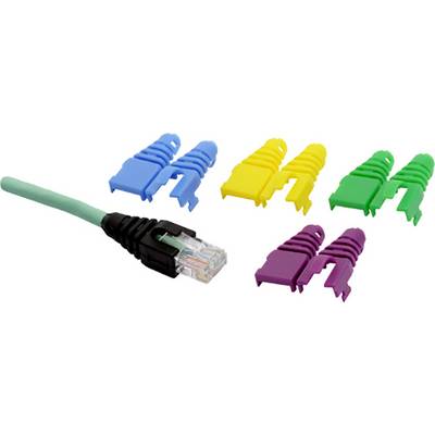 Ein Ethernet-Kabel mit Anschlussstecker und mehreren farbigen Kabelknickschutzhüllen in Blau, Gelb, Grün und Lila.