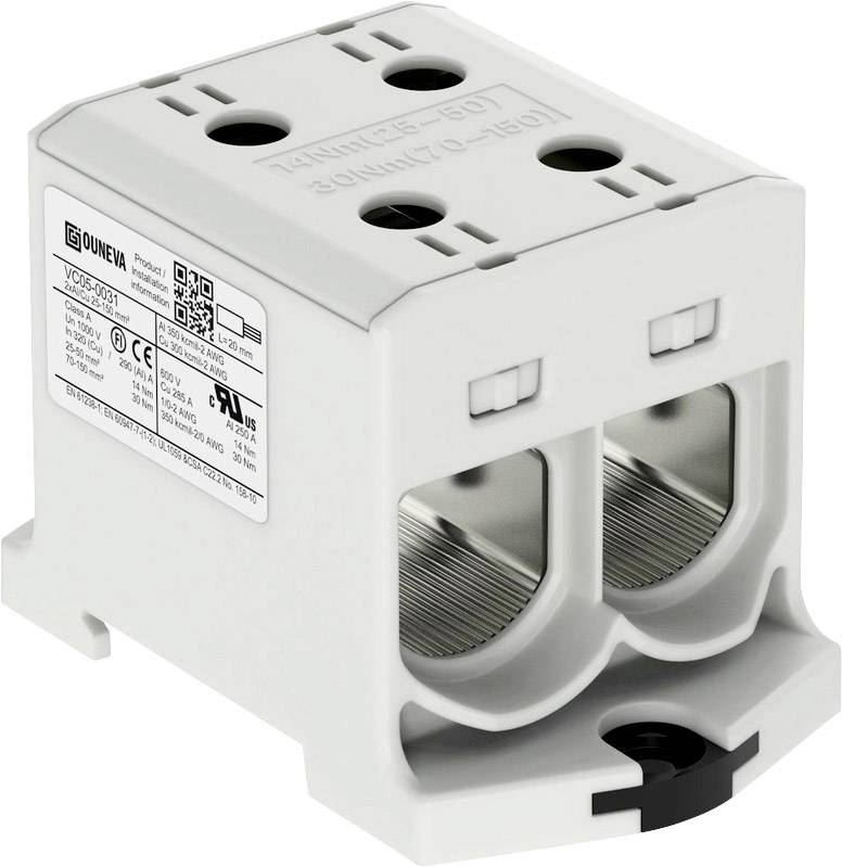 Ein weißer elektrischer Anschlussblock mit zwei Öffnungen zur Kabelaufnahme, beschriftet mit Hersteller- und Zertifizierungsinformationen.