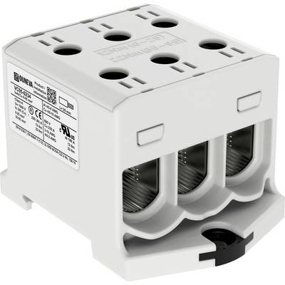 Grau-weißes elektrisches Anschlussklemmengehäuse mit mehreren Kabelanschlüssen und technischen Spezifikationen aufgedruckt.