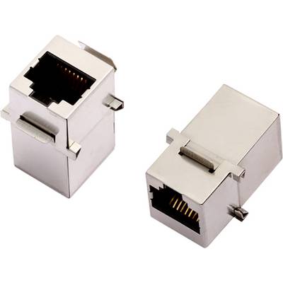 Zwei silberne RJ45-Netzwerkbuchsen, eine liegend, die andere stehend, vor weißem Hintergrund.