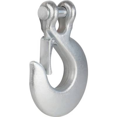Metallischer Haken mit Verschluss, geeignet für Hebevorgänge. Robust und silbern glänzend, erkennbar industrielle Anwendung.