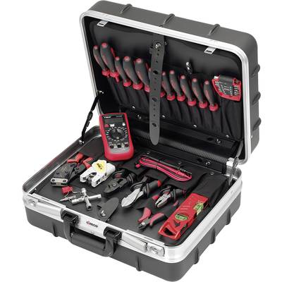 Schwarzer Werkzeugkoffer mit geöffnetem Deckel, zeigt verschiedene Handwerkzeuge wie Schraubendreher, Zangen, Multimeter und Klemmen.