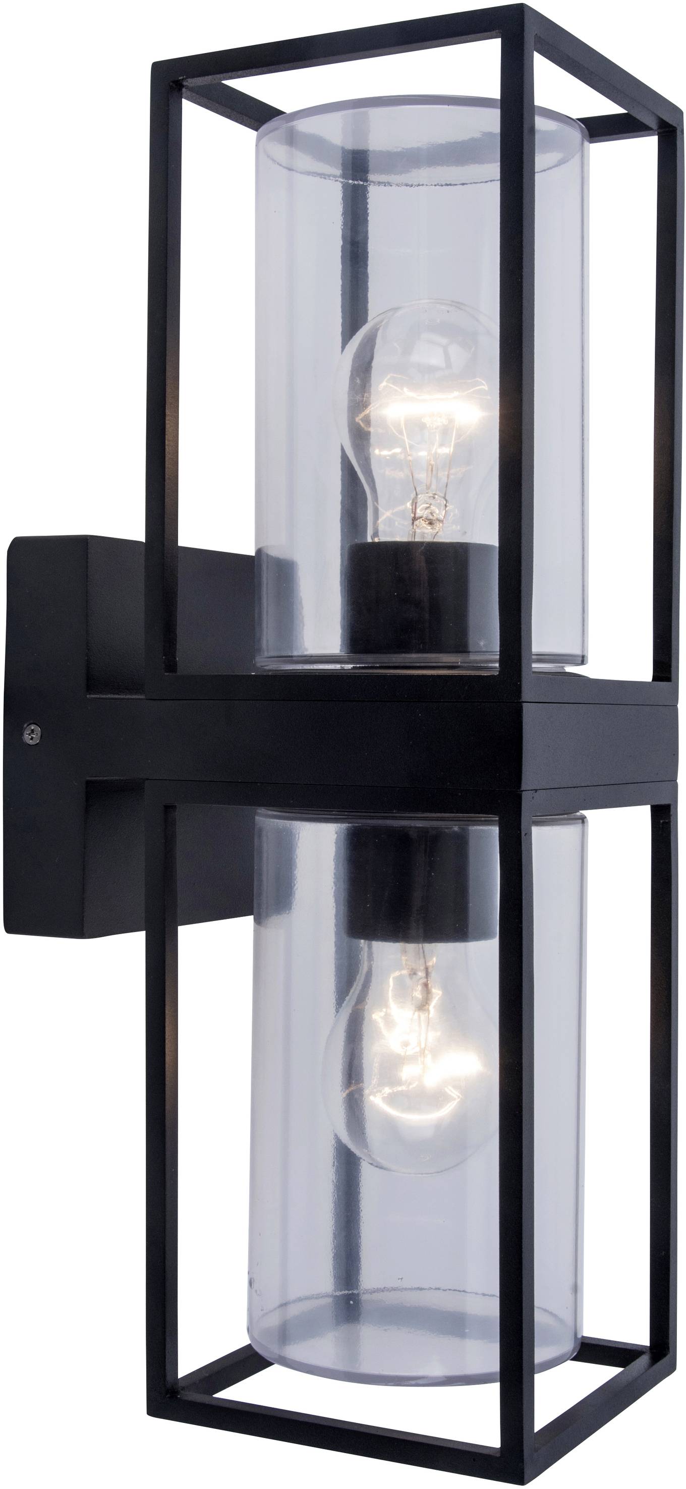 Eine moderne schwarze Außenwandleuchte mit zwei durchsichtigen Glaszylindern, in denen Glühbirnen sichtbar sind. Ideal für Terrassenbeleuchtung.