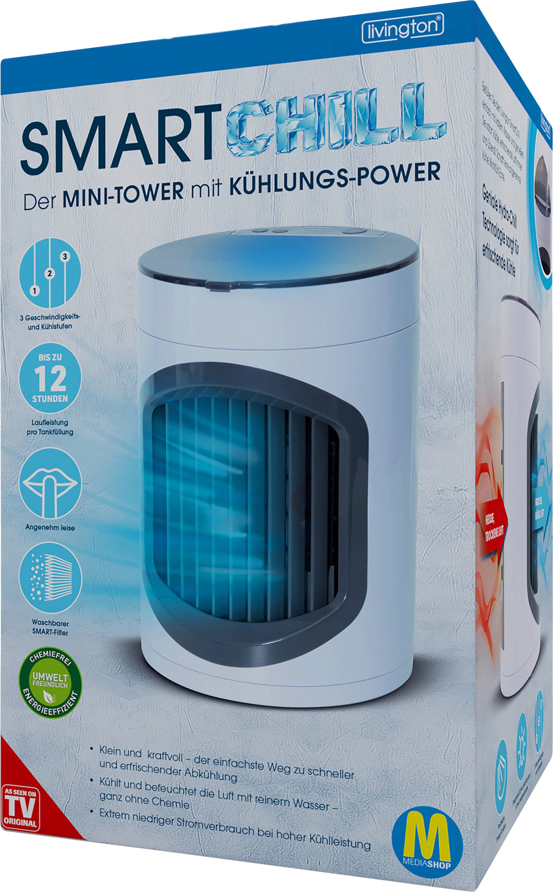 'SMART CHILL' Mini-Tower mit Kühlungskraft, energiesparend, kühlt Luft und Wasser, 12-Stunden-Betrieb, leise und kompakt.
