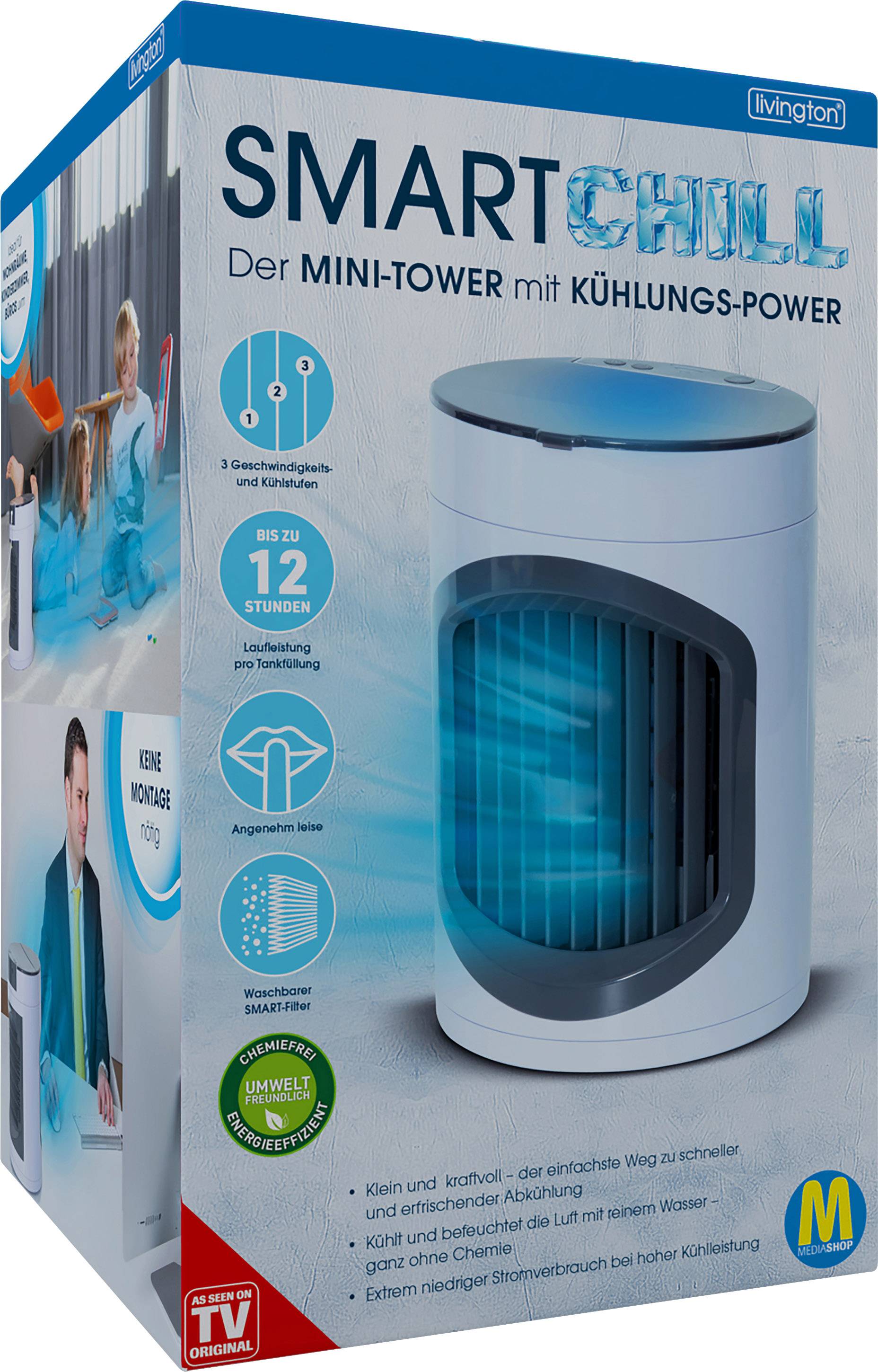 Ein Karton zeigt einen Mini-Tower-Lüfter mit blauer Beleuchtung. Text betont Kühlkraft, Energieeffizienz und leisen Betrieb.