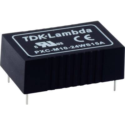 Ein schwarzer TDK-Lambda Spannungskonverter mit Modellnummer 'PXC-M10-24WS15A', zeigt Zertifizierungen für Sicherheit und Kompatibilität.