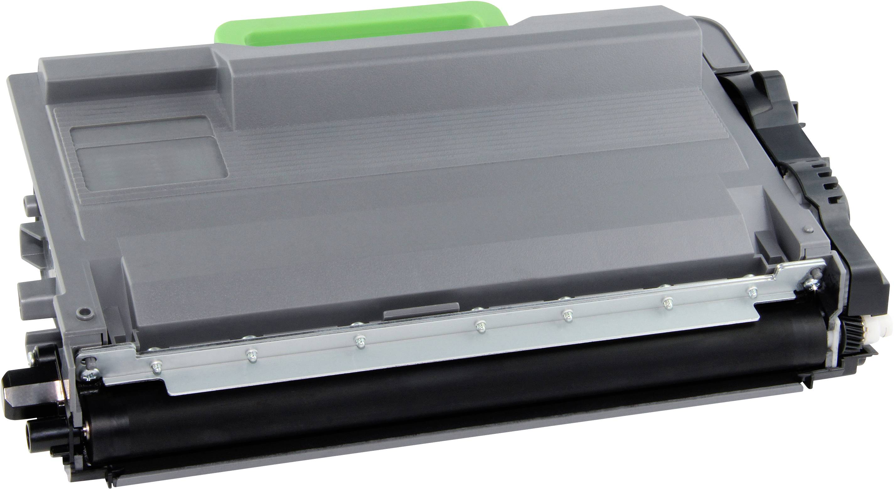 Ein graues Tonermodul für einen Drucker, mit einem grünen Griff oben. Entwickelt für spezifische Druckermodelle, liegt auf einem Tisch.