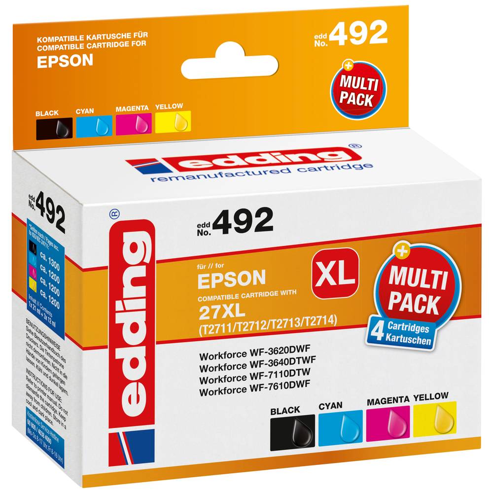 Edding Cartridge vervangt Epson 27XL -T2711-T2712-T2713-T2714 Compatibel Combipack Zwart, Cyaan, Mag