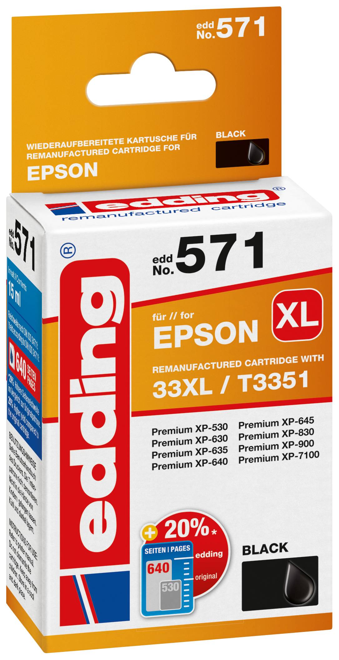 EDDING Tintenpatrone ersetzt Epson 33XL / T3351 Kompatibel einzeln Schwarz EDD-571 18-571