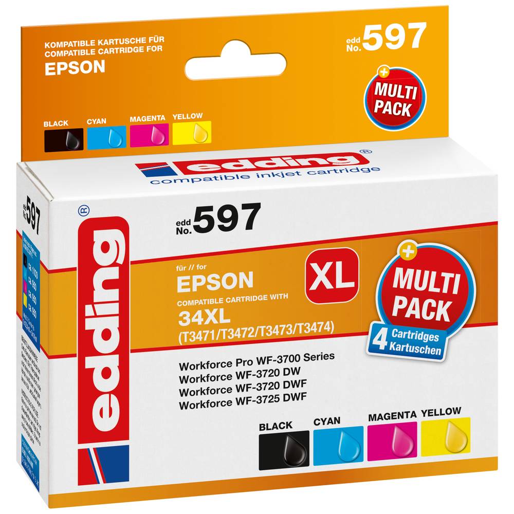 Edding Cartridge vervangt Epson 34XL -T3471-T3472-T3473-T3474 Compatibel Combipack Zwart, Cyaan, Mag