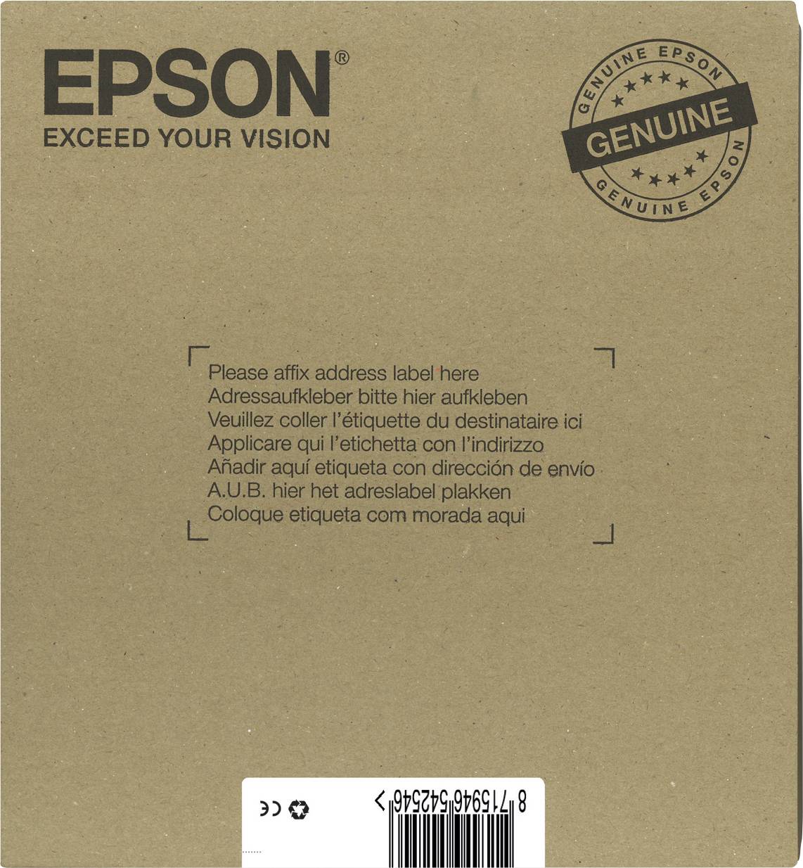 Kartonverpackung mit 'Epson' Logo und Hinweis in mehreren Sprachen: 'Adressaufkleber bitte hier aufkleben'.