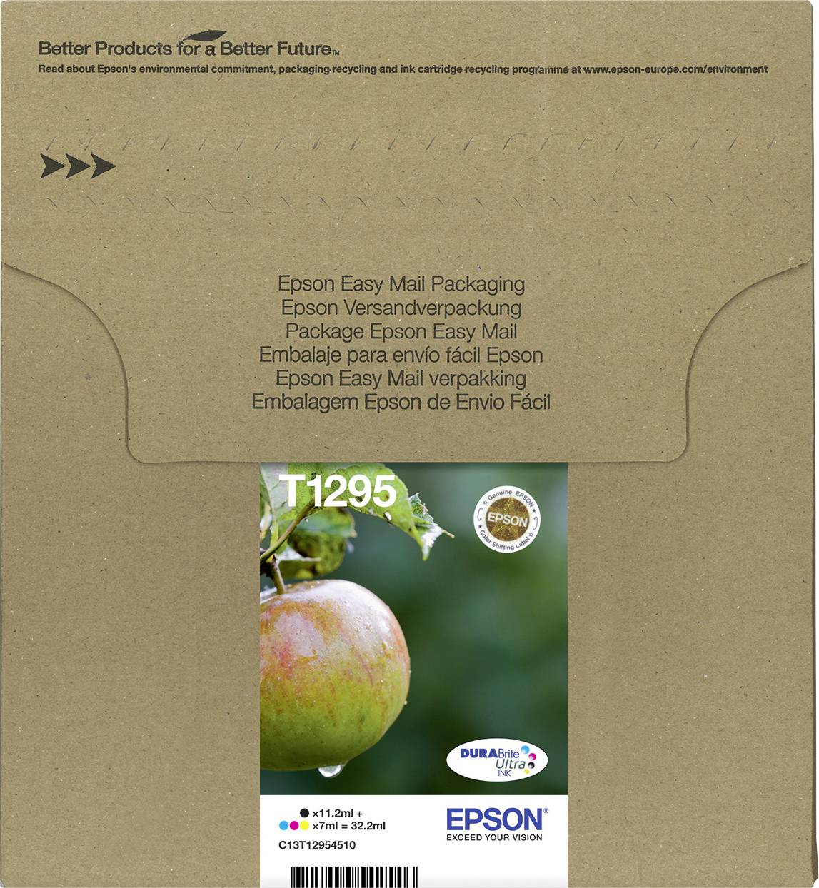 Verpackung für Epson Easy Mail mit Bild eines Apfels und Text 'T1295'. Enthält Details zu umweltfreundlichem Versand und Recycling.