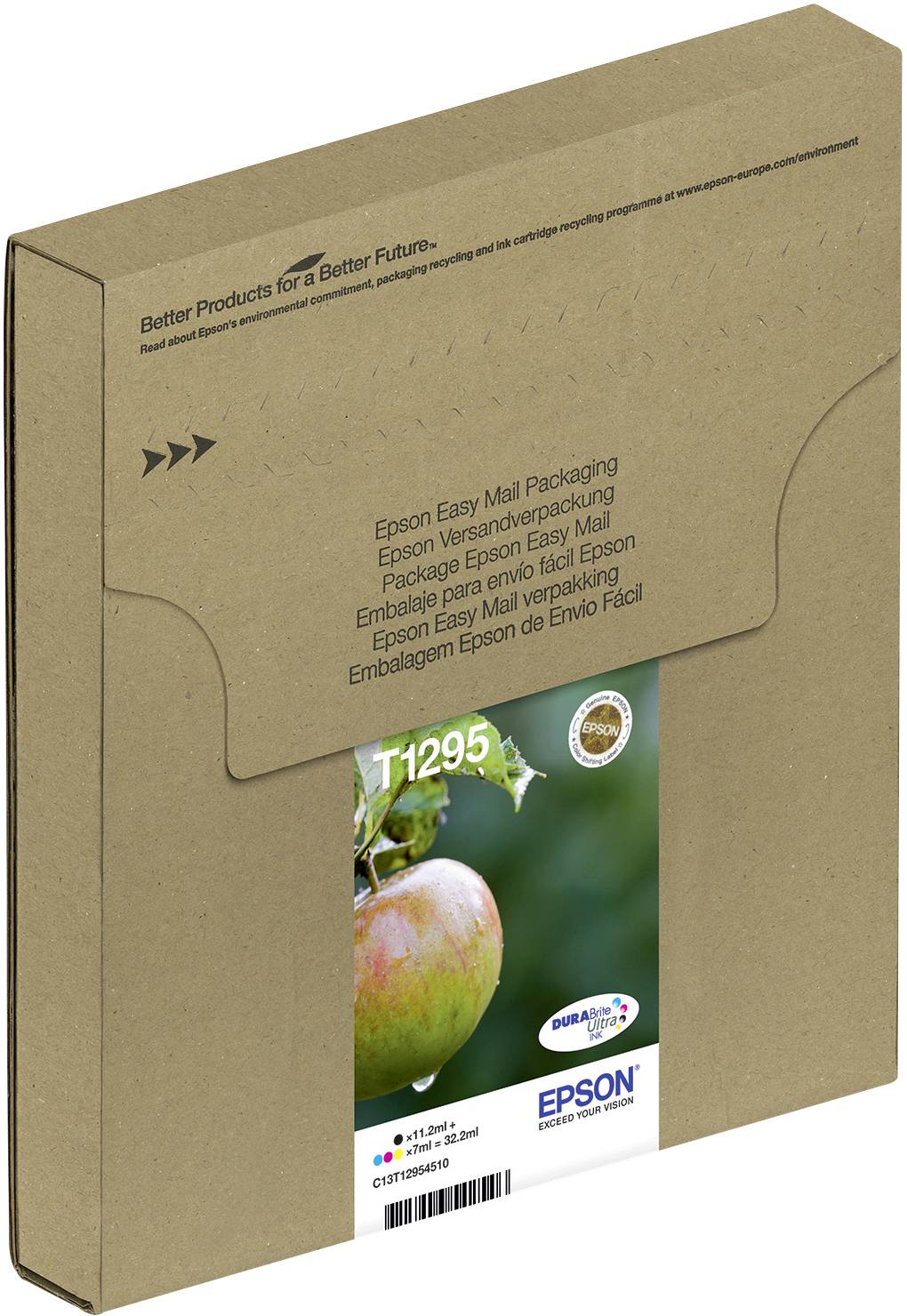 Braune Verpackung mit Aufdrucken von Epson-Logos und dem Text 'Epson Easy Mail Verpackung T1295'. Ein Apfel ist aufgedruckt.