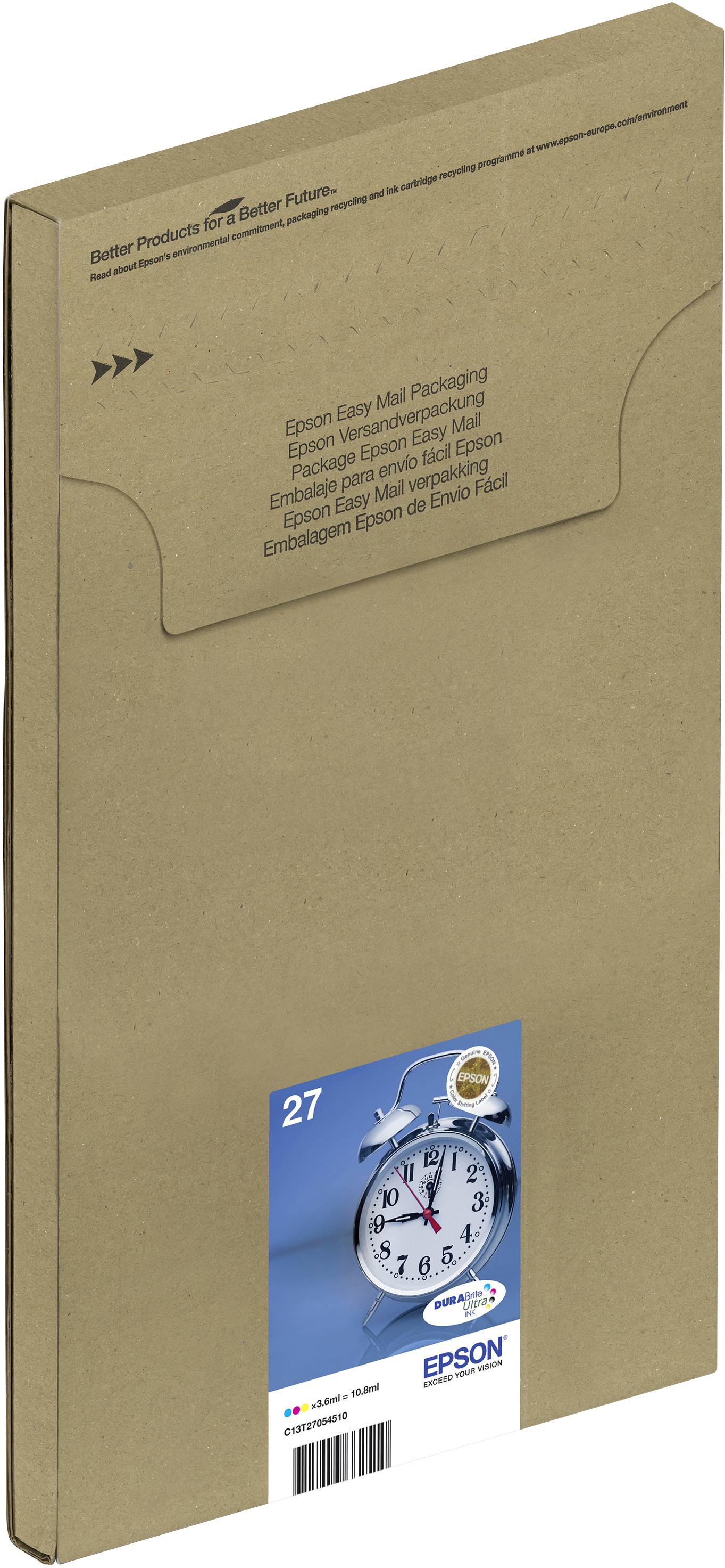 Braune Kartonverpackung für Epson-Tintenpatrone 27. Aufdruck zeigt eine Uhr. Enthält Informationen zur Verpackung und mehreren Sprachen.
