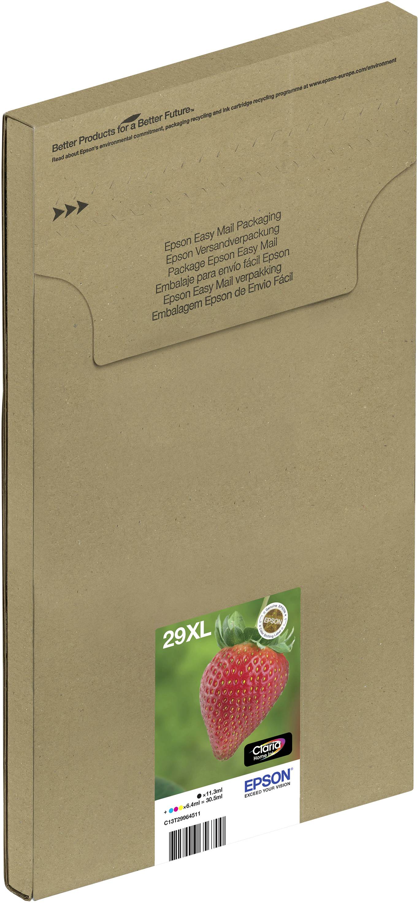 Epson-Druckerpatronenverpackung mit Bild einer Erdbeere und Aufschrift '29XL'. Verpackung ist aus braunem Karton.