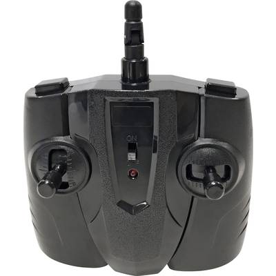 Schwarze Fernbedienung mit zwei Joysticks und einem Schalter in der Mitte, verwendet zur Steuerung von ferngesteuerten Fahrzeugen.