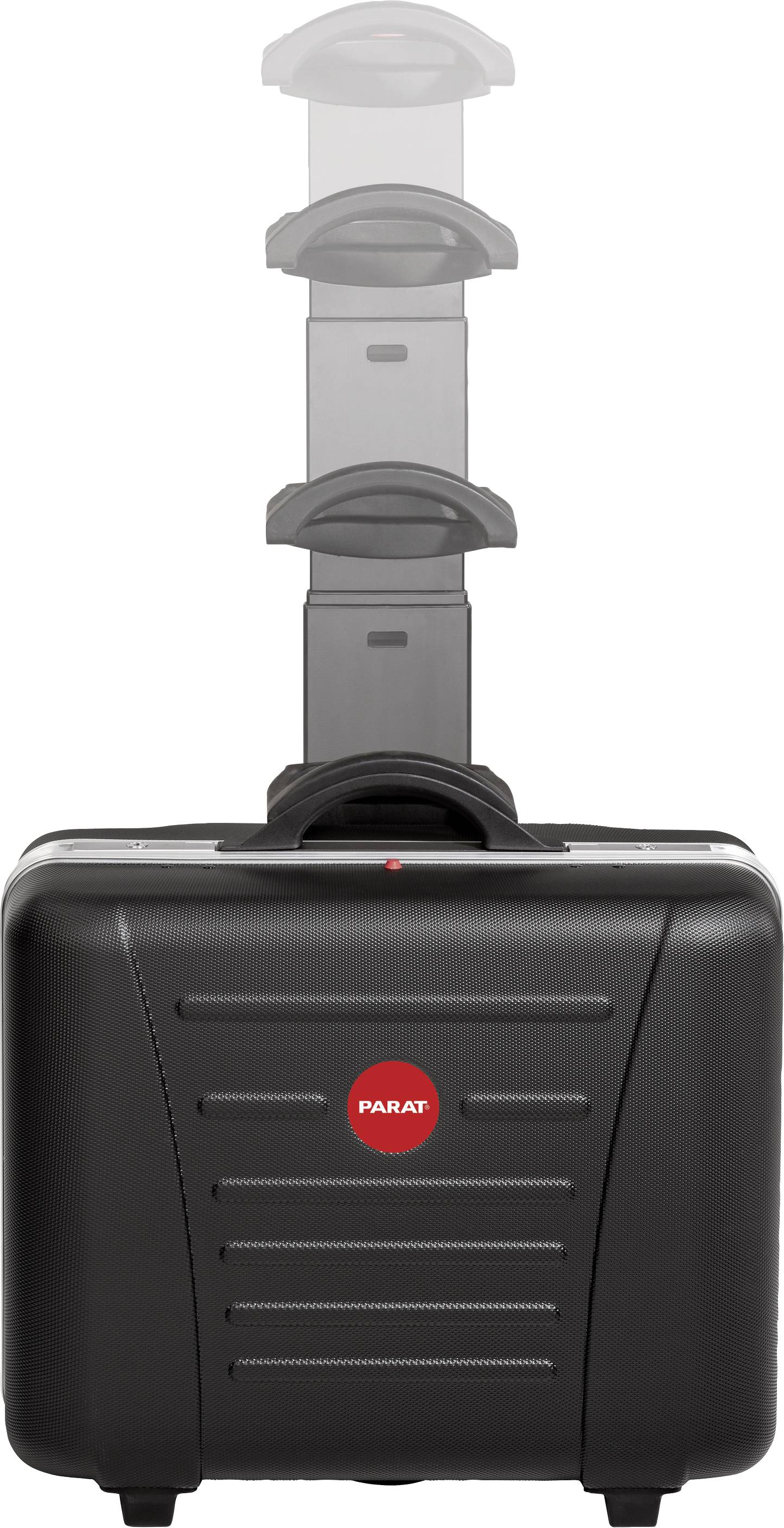 Schwarzer Rollkoffer mit rotem Logo und ausziehbarem Griff, dessen Abschnitt in vier Stufen einrastet. Designed für einfachen Transport.