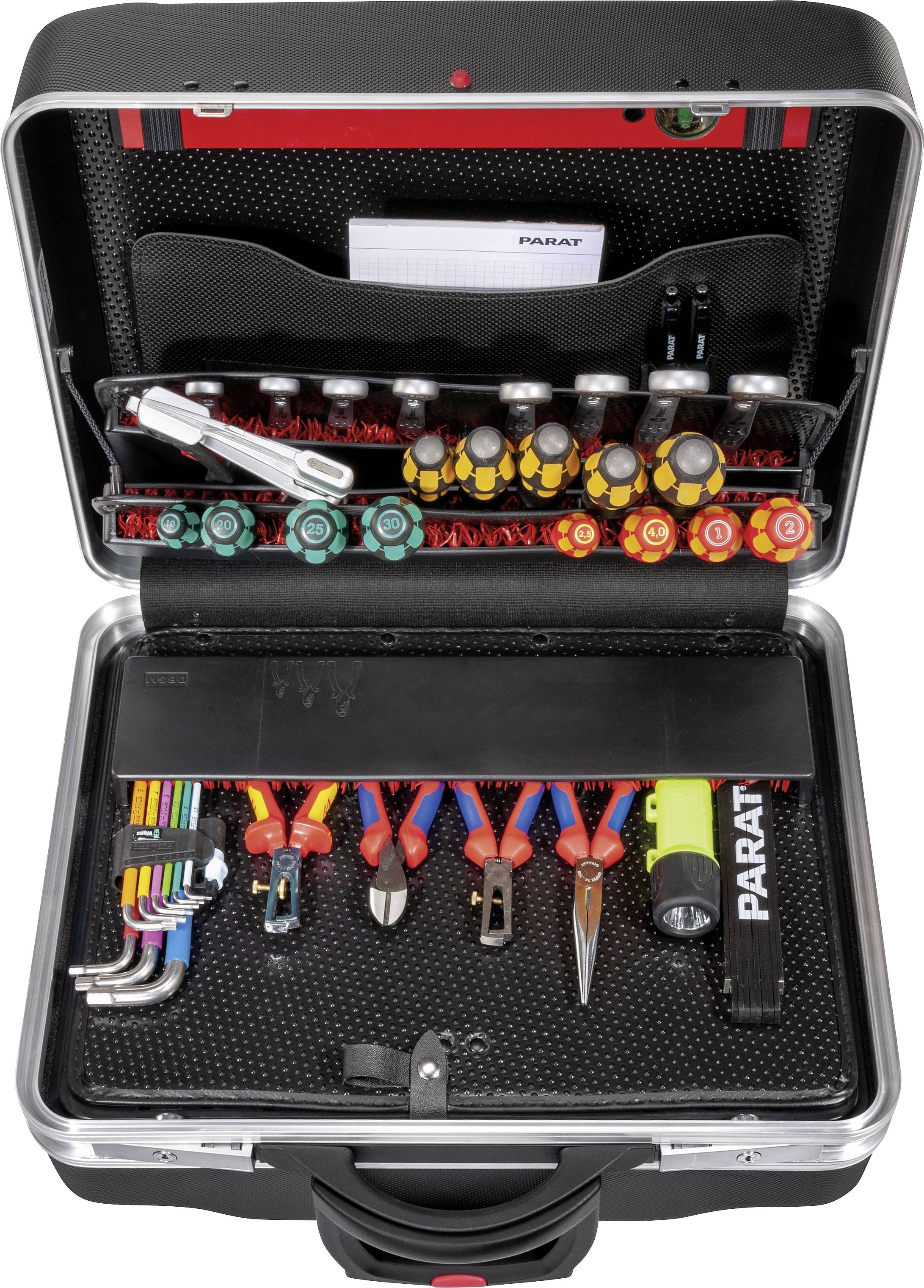 Ein offener Werkzeugkoffer mit sortierten Handwerkzeugen wie Schraubendreher, Zangen und Inbusschlüssel, organisiert in Fächern.